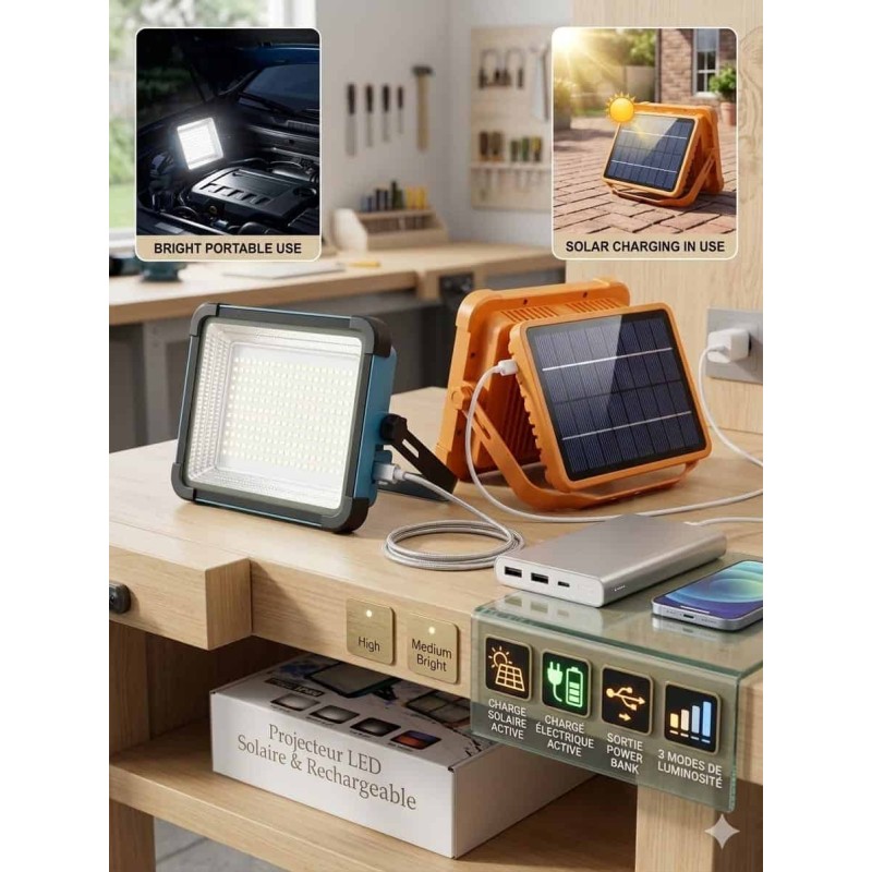 Projecteur LED Rechargeable Solaire et Électrique : La Double Alimentation Intelligente