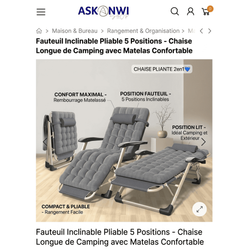 Chaise Longue de Relaxation Pliable avec Matelas – Confort Zéro Gravité