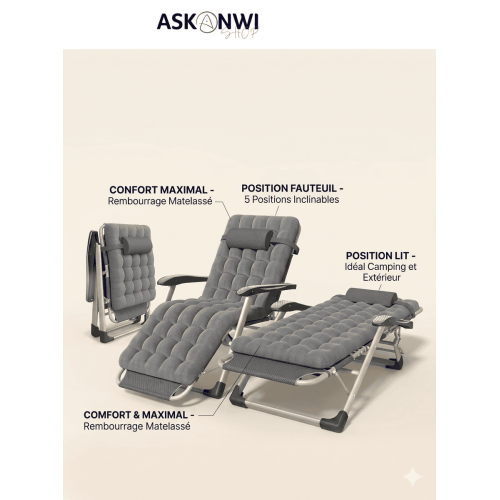 Fauteuil Inclinable Pliable 5 Positions – Chaise Longue de Camping avec Matelas Confortable