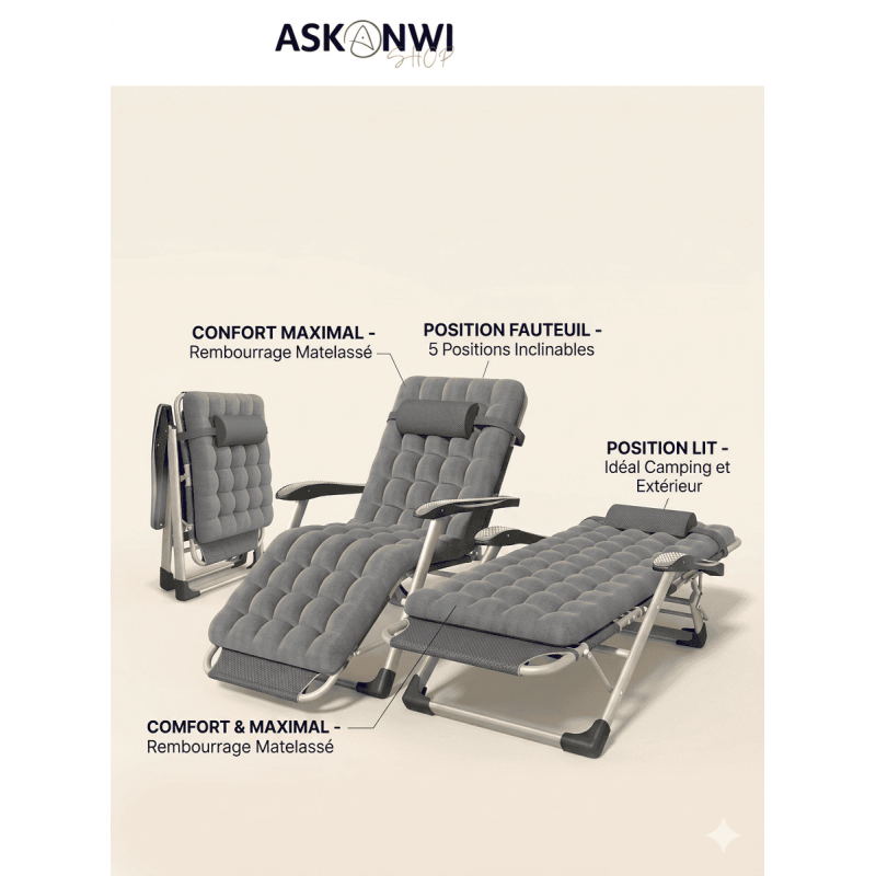 Fauteuil Inclinable Pliable 5 Positions – Chaise Longue de Camping avec Matelas Confortable