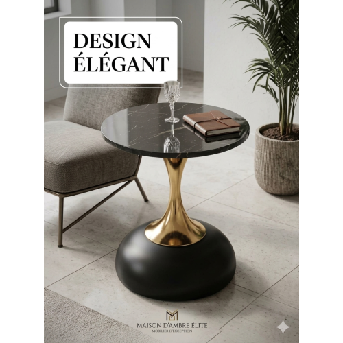 Table d'appoint design en marbre noir et finitions dorées