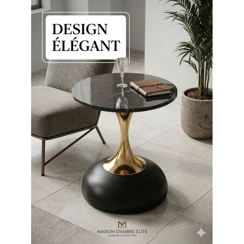 Table d'appoint design en marbre noir et finitions dorées