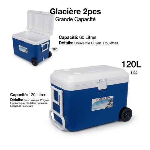 Glacière Isotherme à Roulettes : Kit 2 Pcs (60L & 120L)