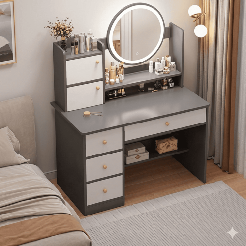 Coiffeuse design gris et blanc avec grand miroir rétroéclairé LED 2