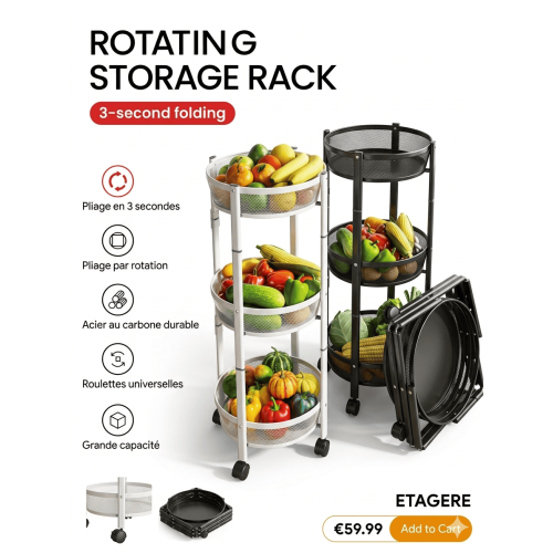 Étagère Rotative Cuisine | Chariot de Rangement Pliable 2