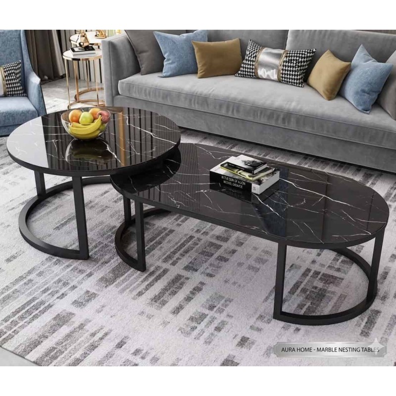 Table Basse Gigogne Effet Marbre | Ensemble Salon Moderne