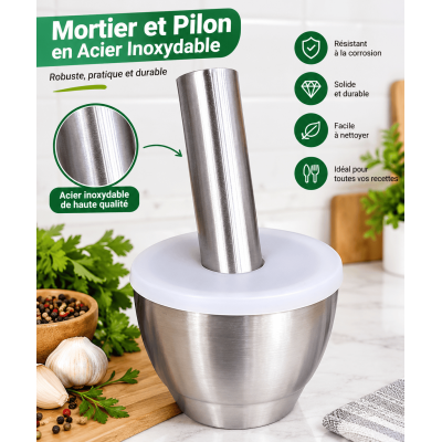 Mortier & Pilon Inox Alimentaire 304 – Pour Épices, Herbes, Gousses d’Ail et Pilules