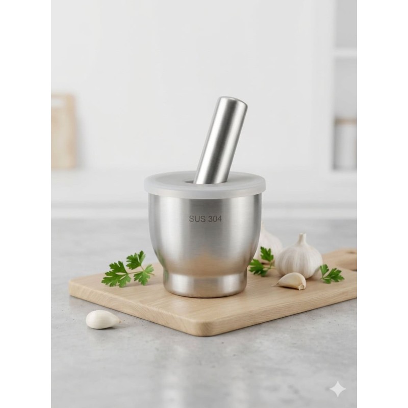 Mortier & Pilon Inox Alimentaire 304 – Pour Épices, Herbes, Gousses d’Ail et Pilules