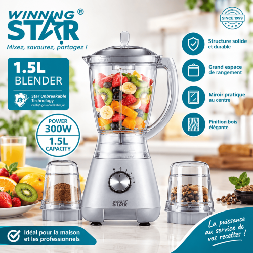 Blender Mixeur 1,5 L 300W avec Moulin  Mixeur de Cuisine 2