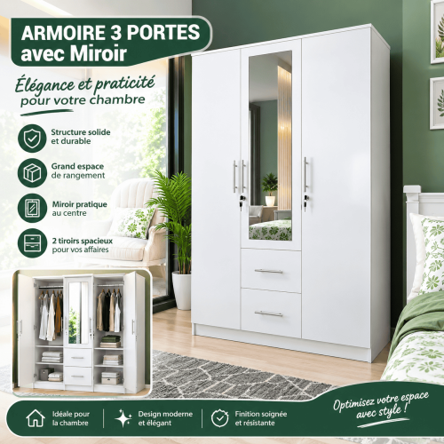 Armoire 3 portes blanche avec miroir central 120 x 55 x 200 cm 2