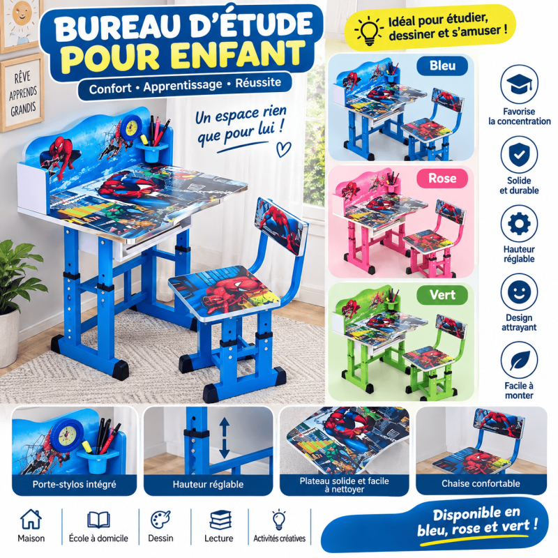 Bureau Enfant avec Chaise – Bleu, Rose et Vert | Bureau d'Étude