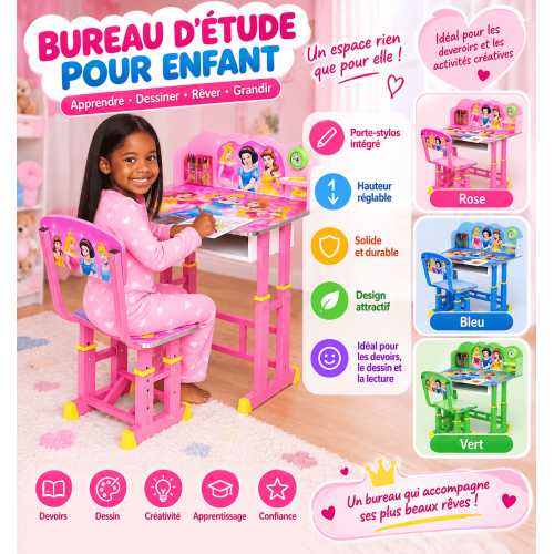 Bureau Enfant avec Chaise – Bleu, Rose et Vert | Bureau d'Étude 2