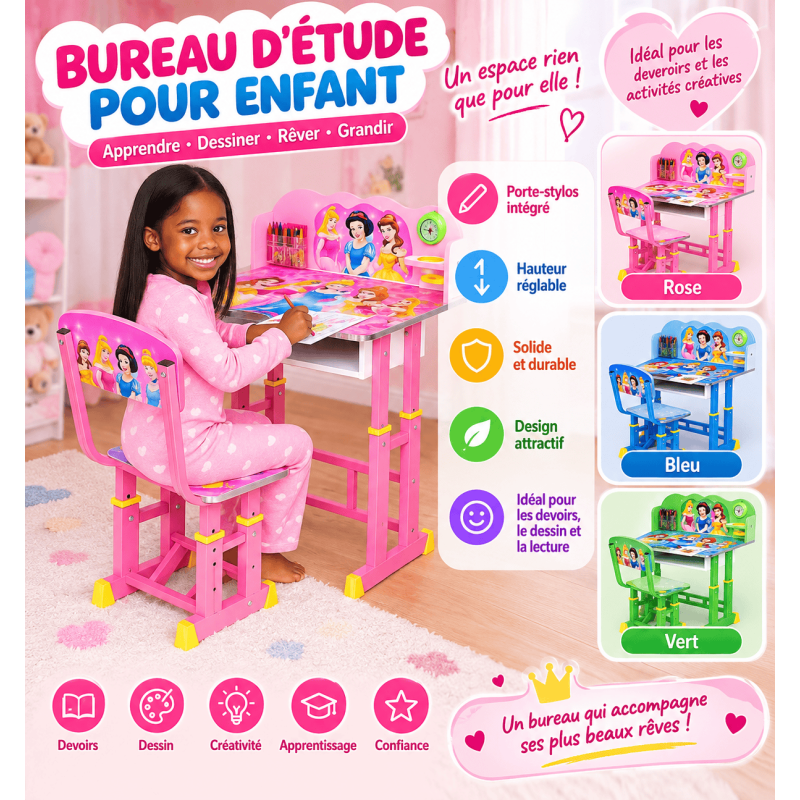 Bureau Enfant avec Chaise – Bleu, Rose et Vert | Bureau d'Étude