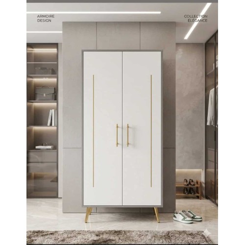 Armoire 2 Portes Blanche et Dorée – Meuble de Rangement Moderne 2