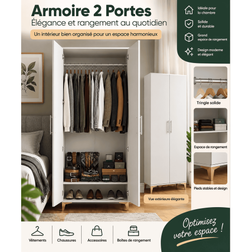 Armoire 2 Portes Blanche et Dorée – Meuble de Rangement Moderne