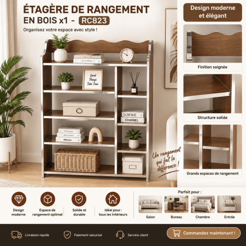 Étagère de Rangement en Bois  – Design Moderne Blanc et Doré