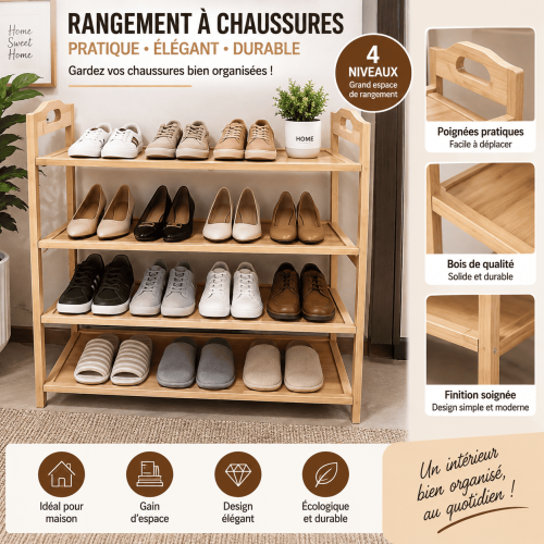 Meuble à Chaussures en Bois 4 Niveaux – Rangement Pratique