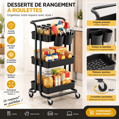 Chariot de rangement mobile avec roulettes multifonction 3 niveaux