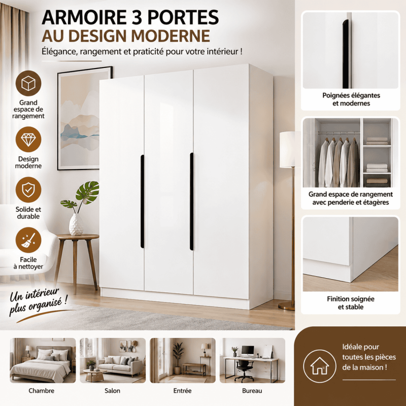 Armoire 3 Battants Blanche Moderne