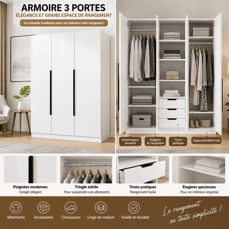 Armoire 3 Battants Blanche Moderne