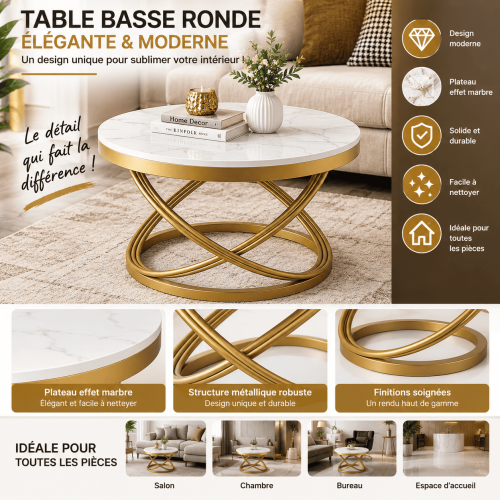 Table Basse Ronde Effet Marbre Blanc et Doré – Design Moderne et Élégant