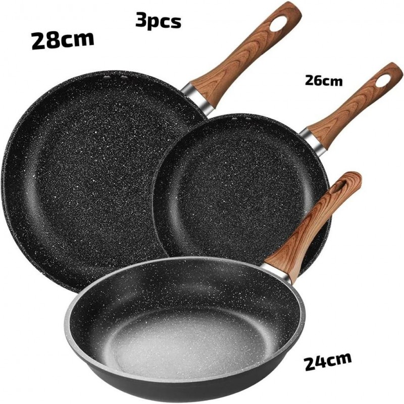 Lot de 3 poêles  antiadhésives  pour cuisine 24 cm, 26 cm et 28 cm