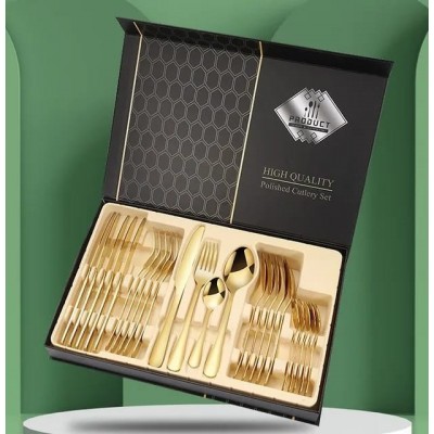 24 pièces, couverts en acier inoxydable de luxe dore